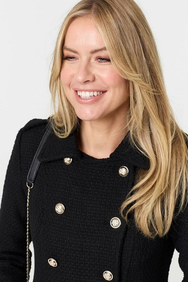 Black | Textured Knit Button Front Trench Coat

