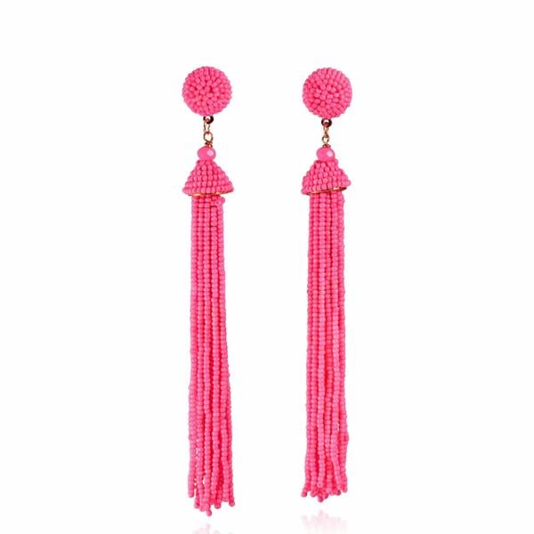 Zavana Long Bright Pink Beaded Tassel Earrings for Women