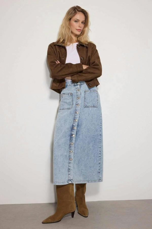 WOVCOR Double Pocket High Waist Maxi Denim Skirt with Button Detail