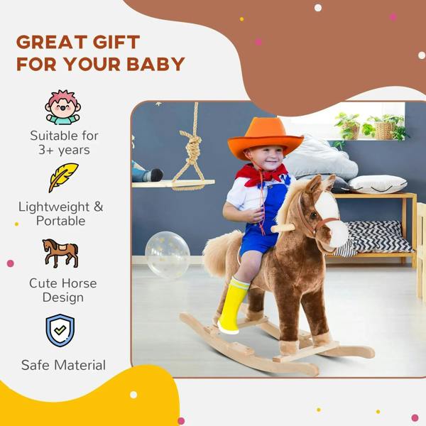 Brown plush rocking horse with wooden rockers and handle grip