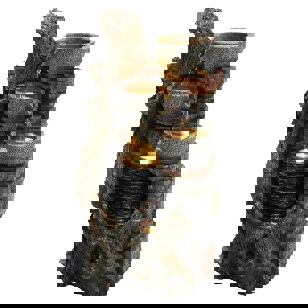 Rustic electric water feature with three cascading bowls, textured stone finish, and natural wood-like accents, creating a serene ambiance