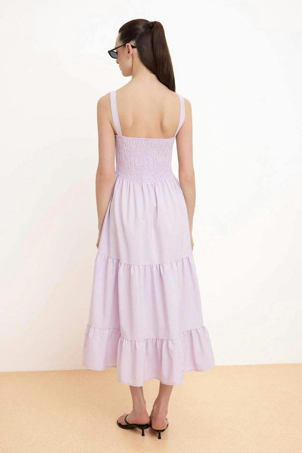 Ruched Square Neck Thick Strap A-Line Maxi Dress