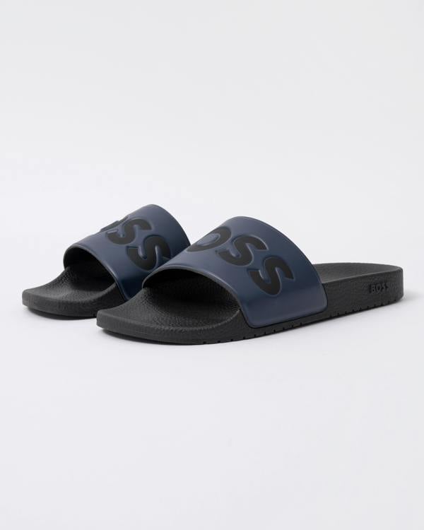 BOSS Orange Aryeh Mens Italian-Made Slides With Large Logo Detail in Dark Blue 406