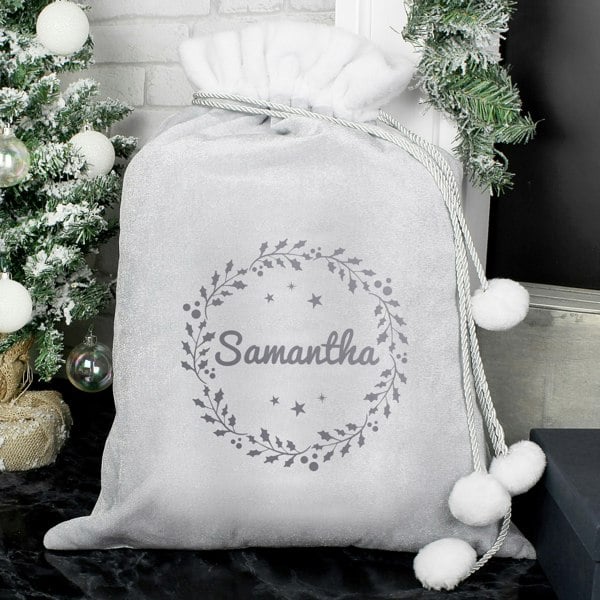 Personalised Memento Company Personalised Holly Grey Christmas Sack