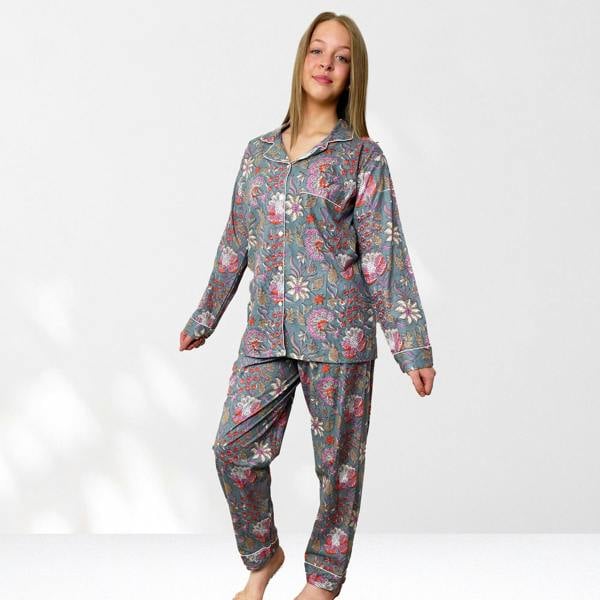 Hayley & Co Block Print Floral 100% Cotton Long Pyjama Set in Grey and Pink