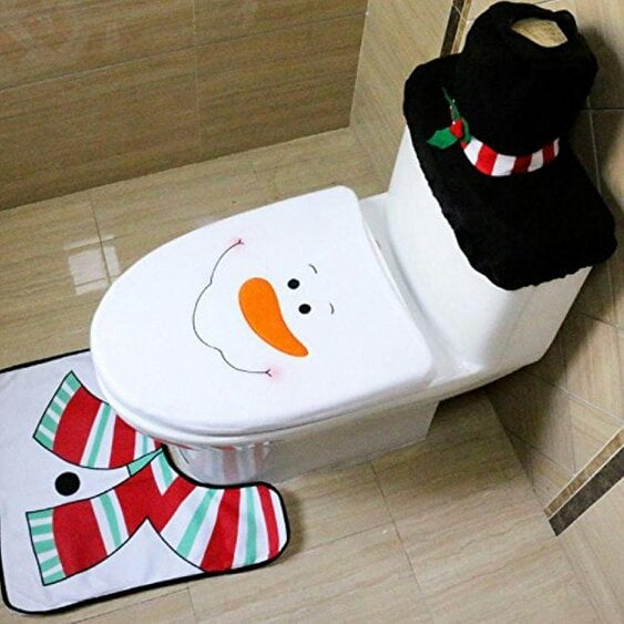 Shatchi Standard Size Christmas Toilet Seat Cover and Bathroom Mat Set, White Snowman Style, 3 Piece Decor