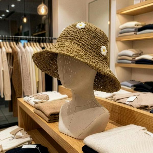 Floppy straw sun hat with daisy accents on a head-form display