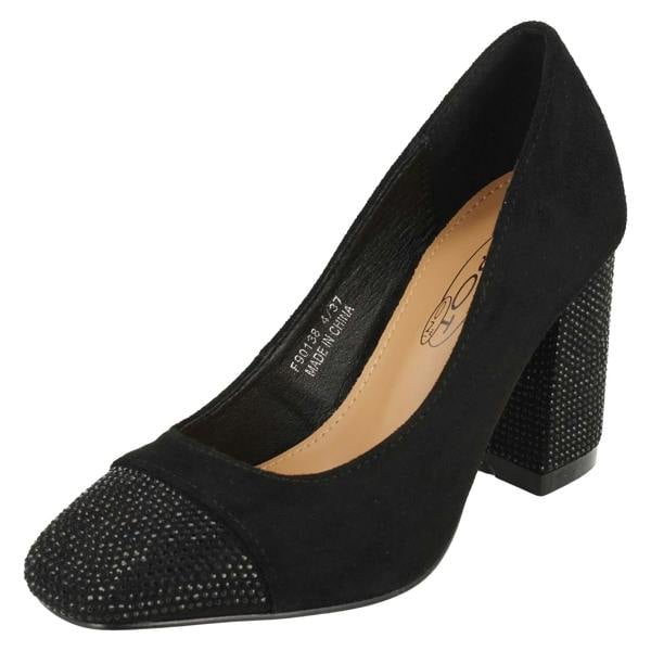 Spot On Ladies Spot On Diamante Heel And Toe Cap Court Shoes  F90138
