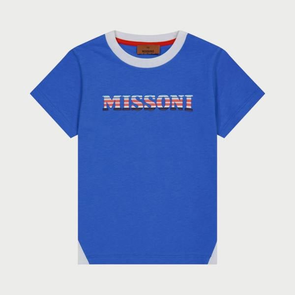 Supplied Fashion kids blue t-shirt with Missoni logo, featuring white crew neck and signature geometric pattern.