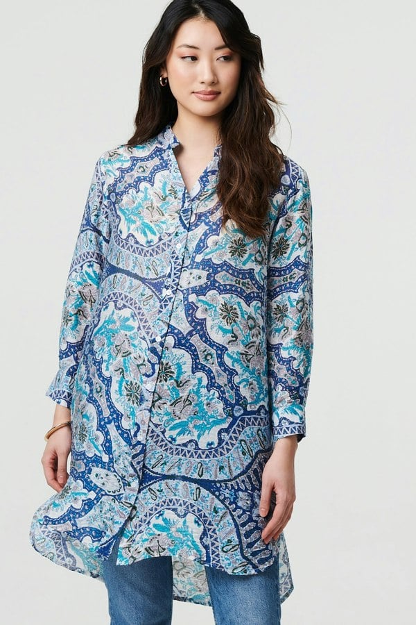 Blue | Paisley Long Sleeve Tunic Shirt
