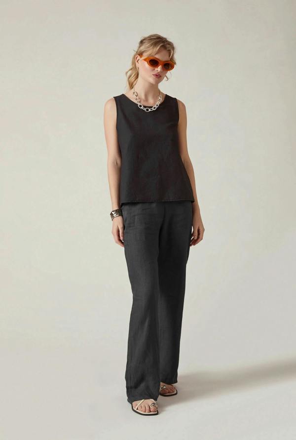 James Lakeland Black Linen Blend Sleeveless Button-Back Top