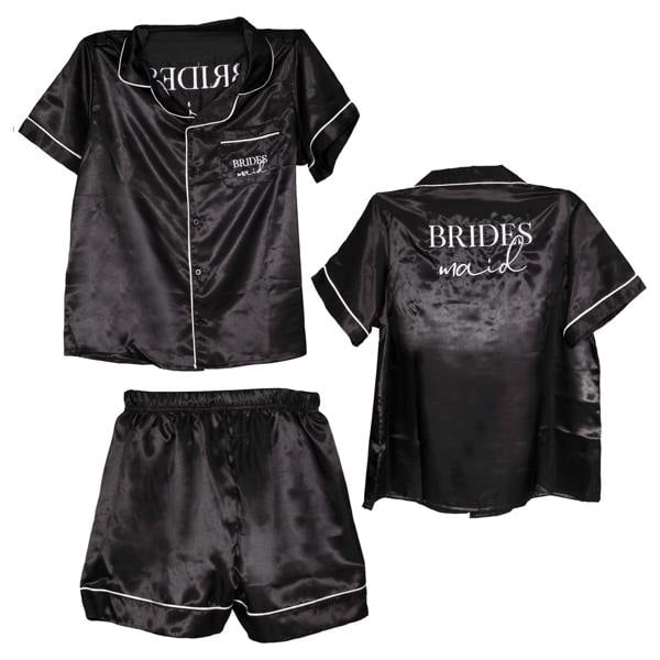 Studio product cutout showing the front shirt, back embroidery view, and matching shorts of the black satin bridesmaid pyjama set.