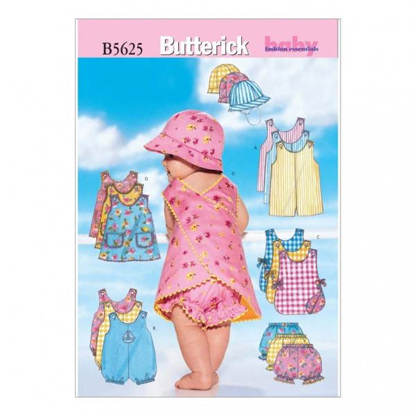 Butterick Sewing Pattern 5625, Dresses, Headwear, Jumpsuits, Shorts for Baby, NB-S-M - Intermediate