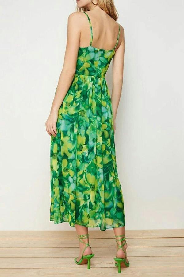WOVCOR Floral Patterned A-Line Lined Maxi Woven Dress with Ruffle Detail