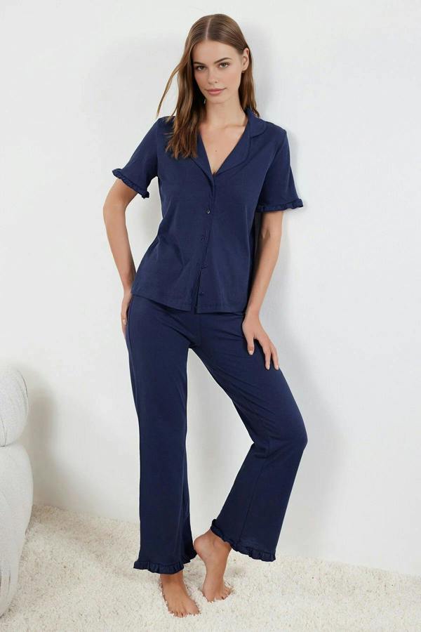 WOVCOR 2-Piece 100% Cotton Ruffle Detail Knitted Pajama Set
