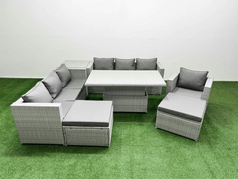 Fimous 7 PCs Rising Dining Table Set Rattan Furniture Set with 3 Seater Sofa Chair 2 Big Footstool Side Table Light Grey