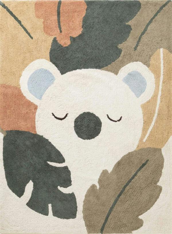 Rug with a koala design surrounded by leaves on a beige background