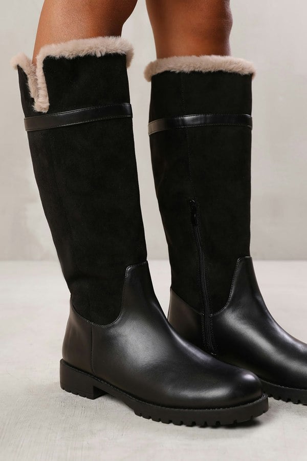 Where's That From Kendra Knee High Boots With Fur Trim and Lining in Black Suede and Faux Leather