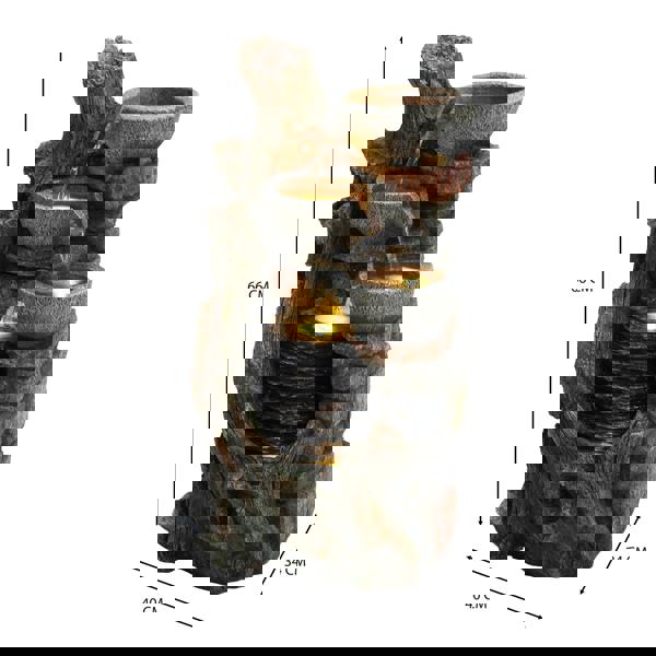 Rustic electric water feature with three cascading bowls, textured stone finish, and warm LED lights, enhancing outdoor decor