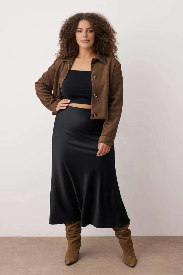 WOVCOR Midi Length Satin Woven Plus Size Skirt