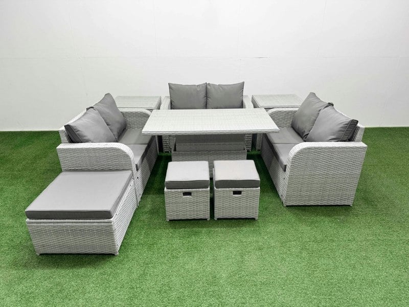 Fimous 9 Seater Light Grey PE Wicker Rattan Sofa Set - Adjustable Lifting Dining/Coffee Table, 2-Seater Love Sofa & 3 Stools