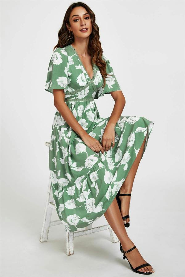 FS Collection White Floral Print Lace Detail Angel Sleeve Midi Dress In Green
