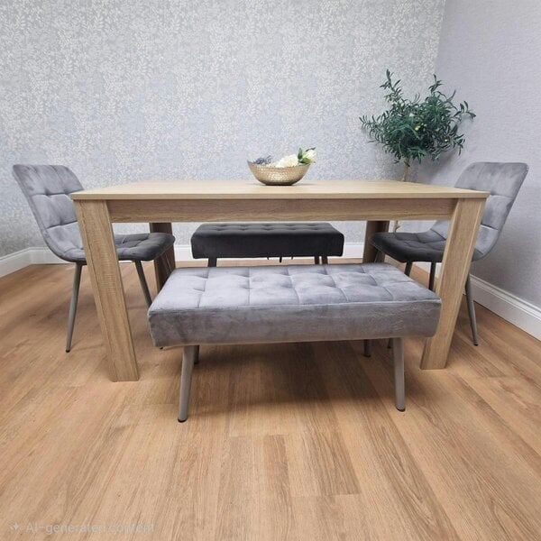 Kosy Koala Oak Effect Dining Table Set With 2 Grey Velvet Chairs And 2 Grey Benches Dining Room Furniture