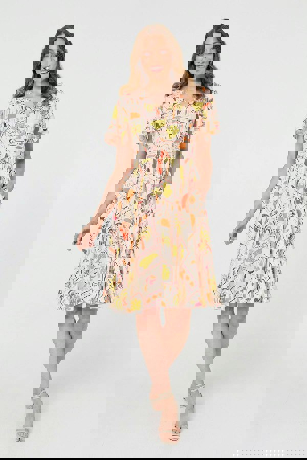 Pink | Printed V-Neck Shirred Knee Length Dress