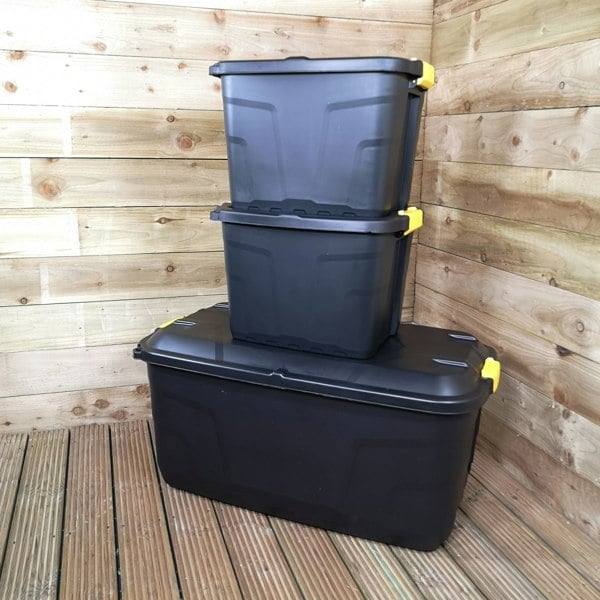 Samuel Alexander 1 x 145L AND 2 x 60L Heavy Duty Trunks 1 on Wheels Sturdy, Lockable, Stackable and Nestable Design Storage Chest with Clips in Black