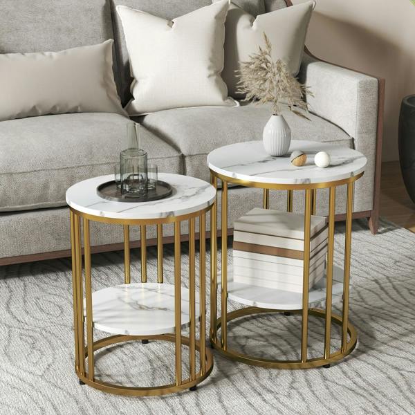 Wyld Haus Veco Metal And Marble Effect White And Gold Tone Set Of 2 Coffee Tables
