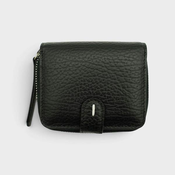 Supplied Fashion black grained leather coin pouch with signature white four-stitch detail and zip closure.
