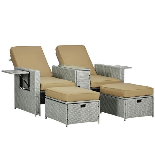 Beige cushioned rattan sun lounger set with storage ottoman and matching side table