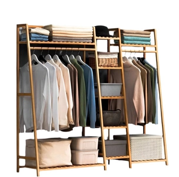 Modcraft Bamboo Garment Rack with 2 Hanging Rods & 5 Tier Storage Shelves – Natural Wood Finish