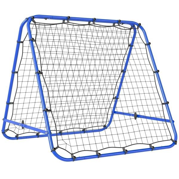 Blue double-sided football rebounder goal net with steel frame and square mesh