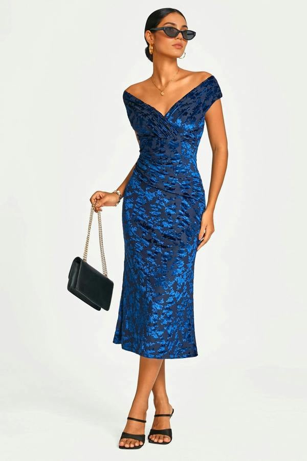FS Collection Floral Velvet Devore Bardot Pleated Midi Dress In Navy