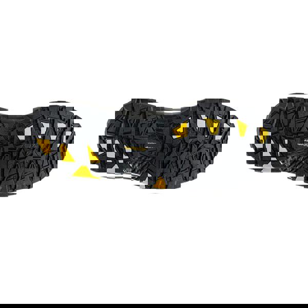 Buckbootz Blastz Tradez Mens High Leg Side Zip Up Safety Boots, showing the rugged black sole with yellow accents for enhanced grip and durability.