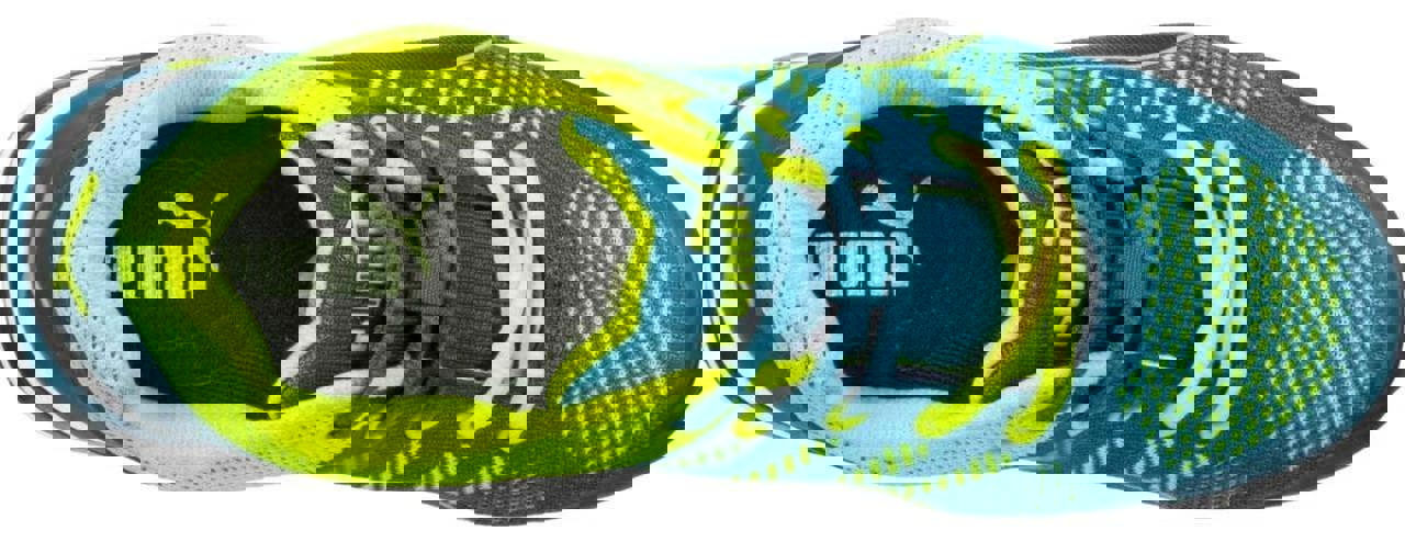 PUMA Safety Puma Elevate Mens S1P Composite Toe Midsole Safety Trainers, front view of the sporty blue and neon yellow work shoes with durable construction and breathable mesh design.