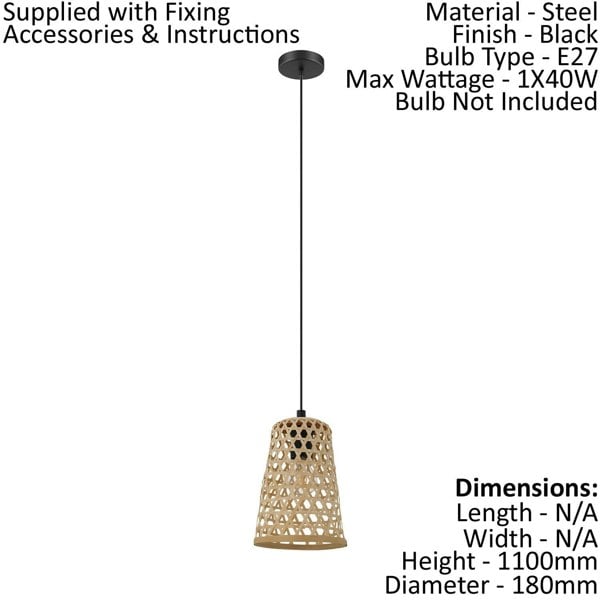Hanging Ceiling Pendant Light Black & Wicker 1 x 40W E27 Hallway Feature Lamp Loops