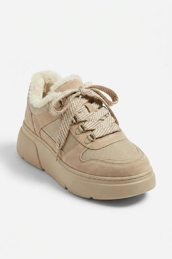 Leiza Chunky Lace Up Faux Fur Trainers - Beige