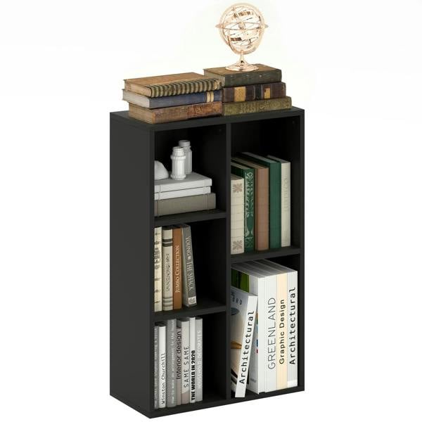 Black 2-tier bookshelf with 5 open compartments for books and decor