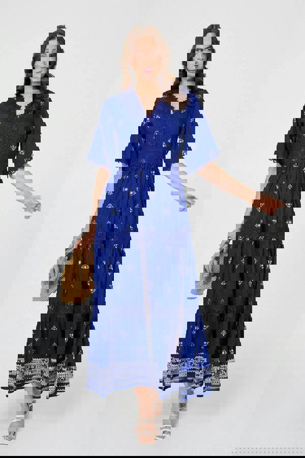 Blue | Border Print 1/2 Sleeve Maxi Dress