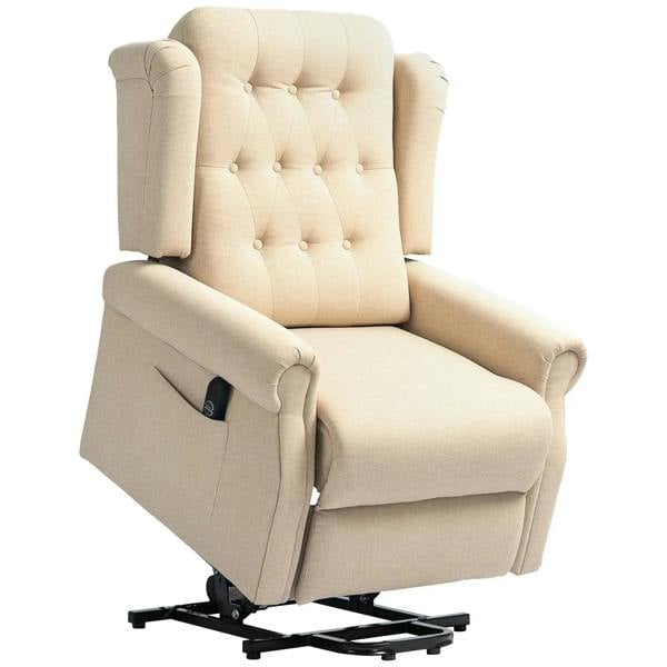 Beige lifting riser recliner armchair with tufted back and padded arms, power base shown