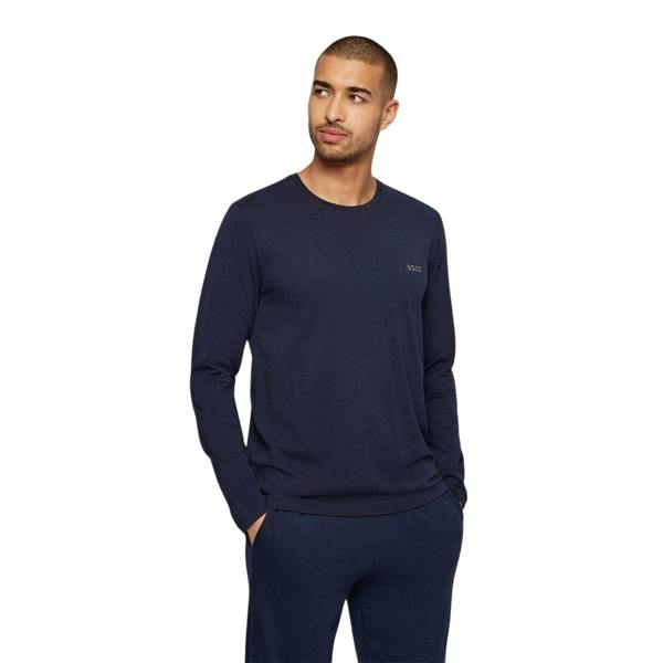 Boss Mens Embroidered Logo Crew Neck Long-Sleeved T-Shirt - Navy - 