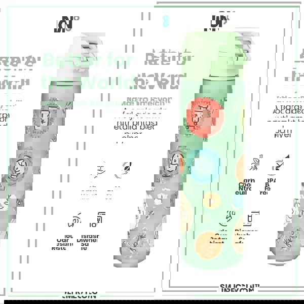 A light green water bottle, adorned with nature-themed illustrations, sits against a white background. The bottle is made from Recyclon™, a food-grade, carbon-neutral plant-based polymer. It's BPA-free, odour-resistant, and dishwasher-safe.