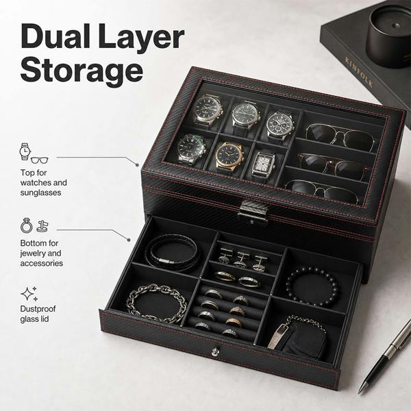 ilus Watch Box Watch Storage Jewelry Box 2 Layer Glass Lid Lockable Display Black