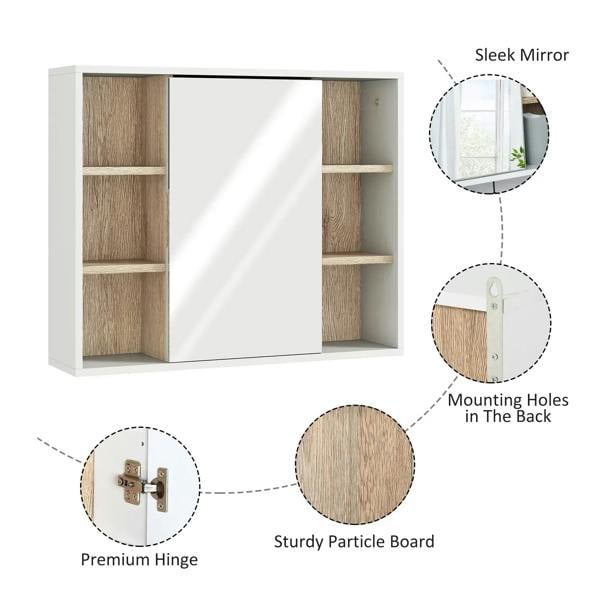 White bathroom mirror cabinet with open shelves and central mirrored door, shown with hinge details