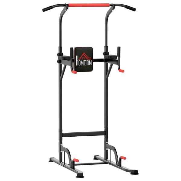 Black power tower with red pull-up bar, dip handles, and padded back support