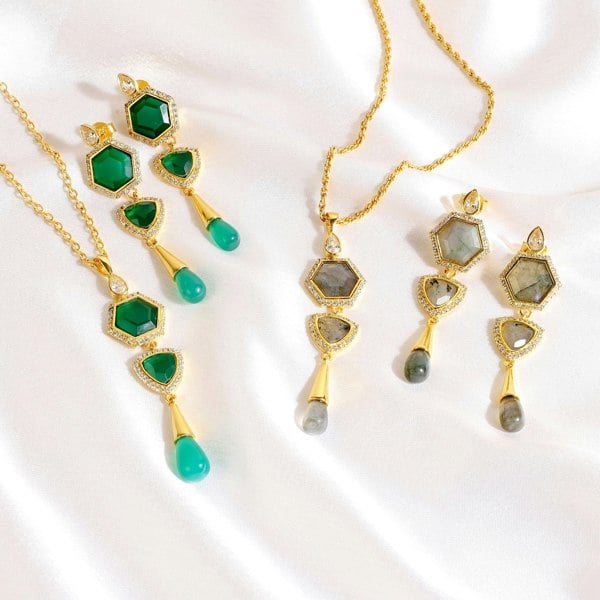 Lila Rasa Timeless Radiance Green Onyx & CZ Earrings & Necklace Party Set