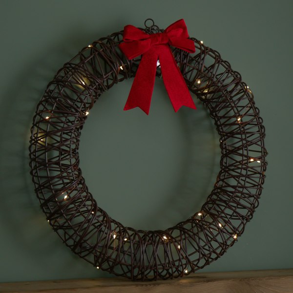 Samuel Alexander 50cm Battery Operated Light up Christmas Wreath with Red Bow & 40 Warm White LEDs