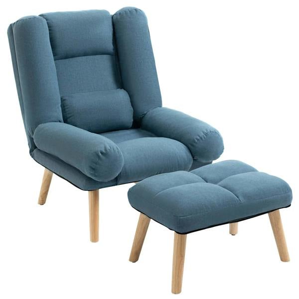 Blue upholstered recliner armchair with footstool, wooden legs, cushioned arms